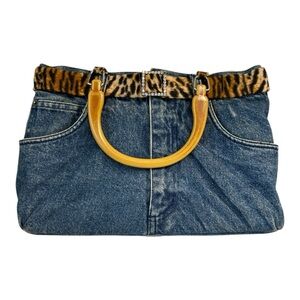 Upcycled Blue JeansPurse Distressed Denim Plastic Double U Hand Handles Hand Bag
